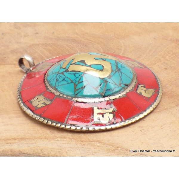 Pendentif tibétain bouddhiste turquoise corail Om Bijoux tibetains bouddhistes BHP46.1