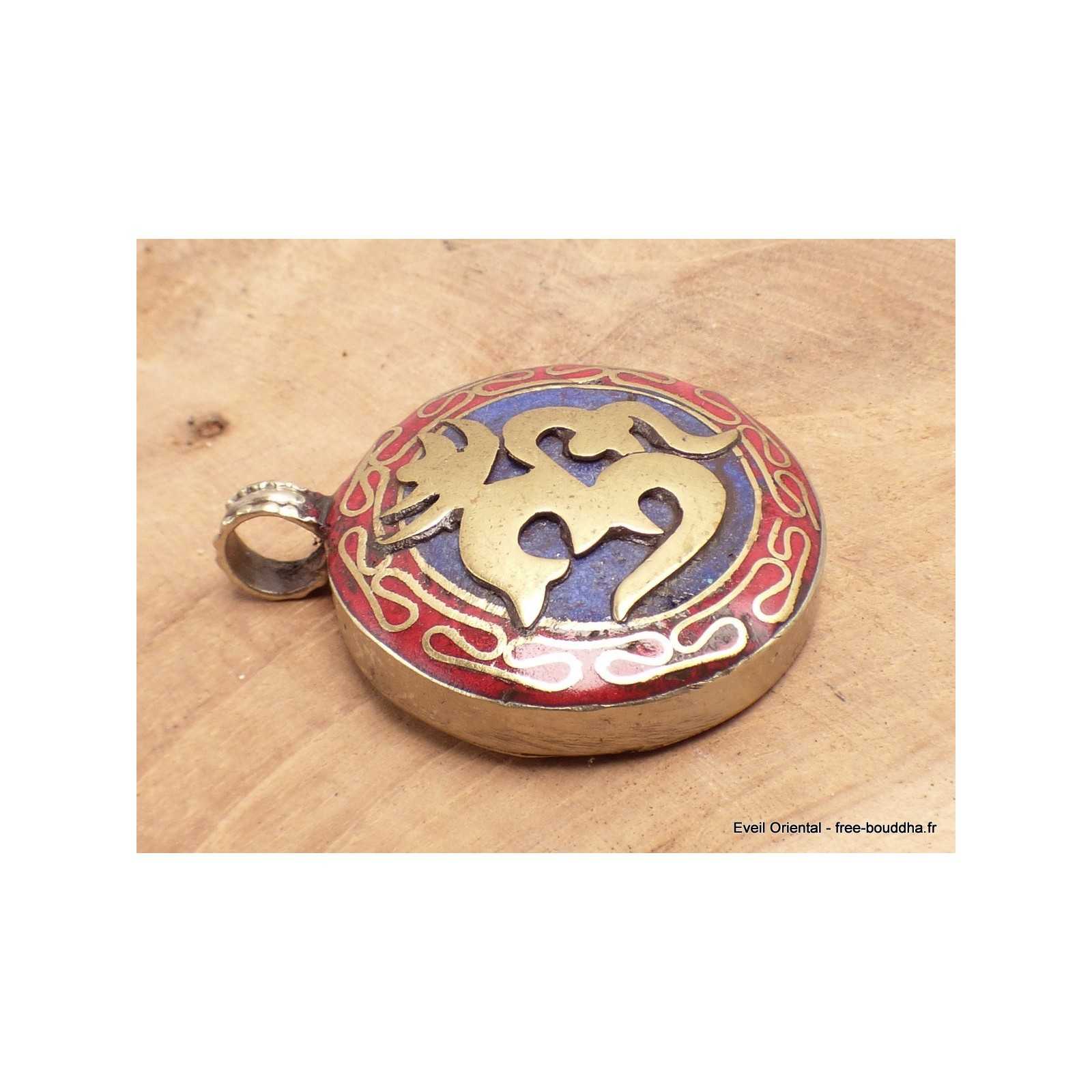 Pendentif Tibétain Porte-Bonheur En Laiton Avec Turquoise/Corail Imitation - Neuf Sans Emballage - Unisexe - Bleu Marine