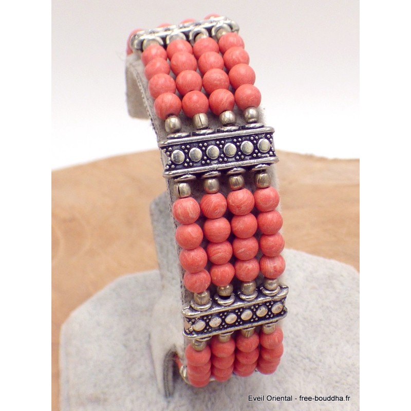 Bracelet tibétain en perles de Corail rose Bijoux tibetains bouddhistes BRETH21
