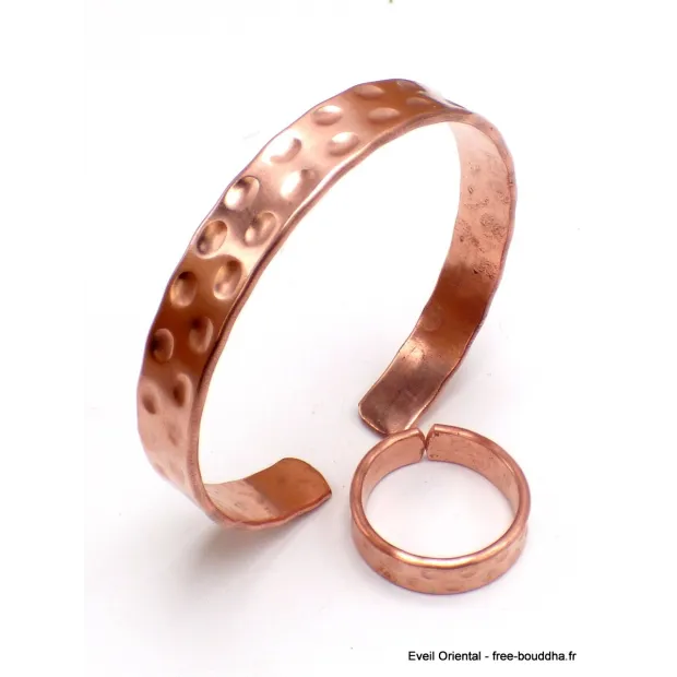 Bague tibétaine cuivre martelé + bracelet - Bracelets tibétains bouddhistes