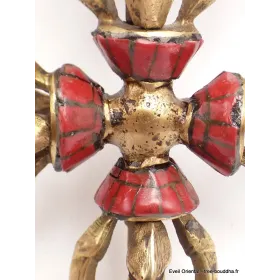 Double Dordjé tibétain en laiton et corail - Dordjé, double dorjé (sans cloche)
