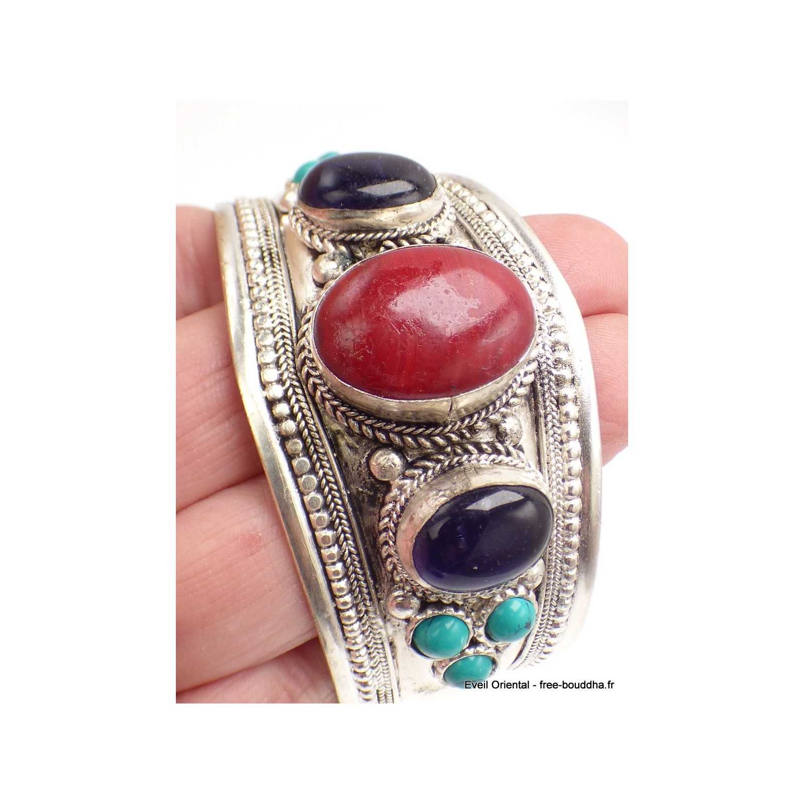 Bracelet Manchette Argenté Ciselé Pierres Bleues Et Rouges - Style Ethnique Indien Tibétain Vintage Occasion