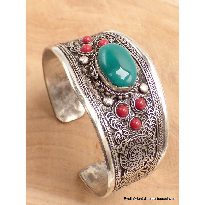 Bracelet tibétain Onyx vert pierres rouges Bracelets tibétains bouddhistes ref 7587.2