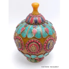 Grosse Boîte à bijoux tibétaine en Ambre signes auspicieux - Artisanat tibétain bouddhiste