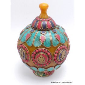 Grosse Boîte à bijoux tibétaine en Ambre signes auspicieux Artisanat tibétain bouddhiste BAT7-a