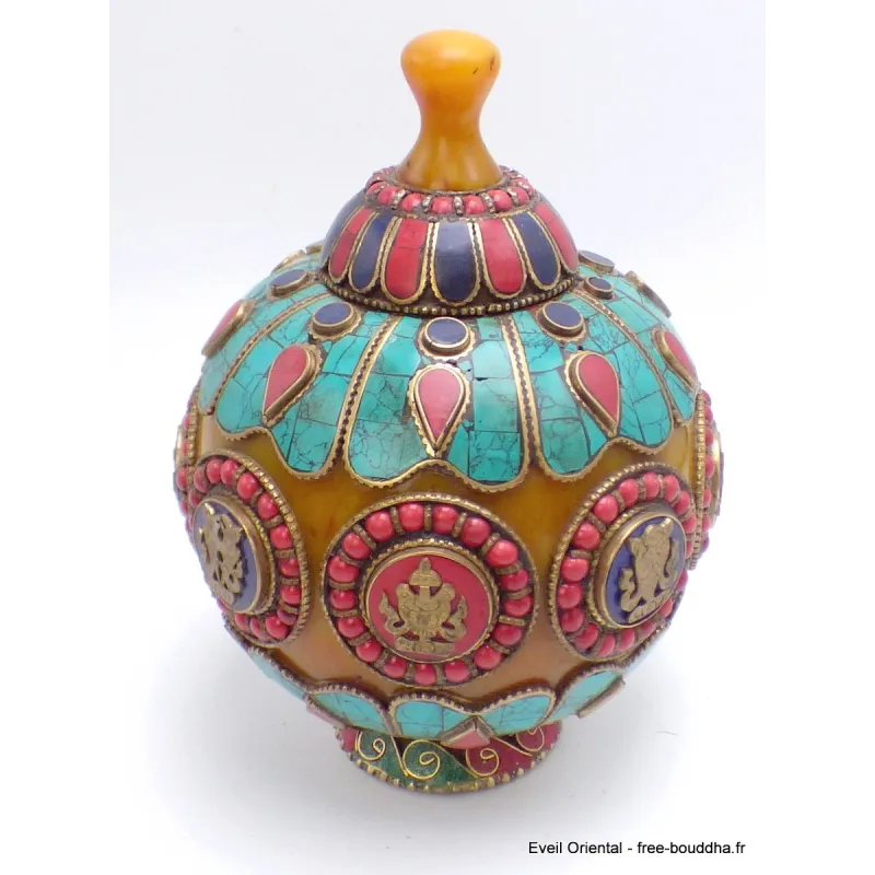 Grosse Boîte à bijoux tibétaine en Ambre signes auspicieux - Artisanat tibétain bouddhiste