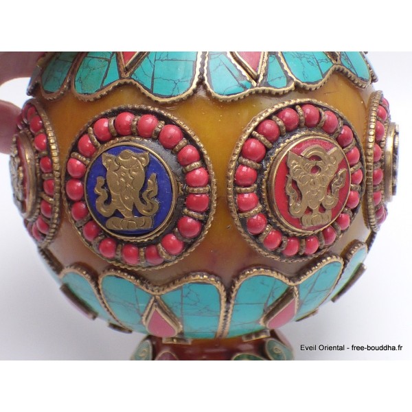 Grosse Boîte à bijoux tibétaine en Ambre signes auspicieux Artisanat tibétain bouddhiste BAT7-a