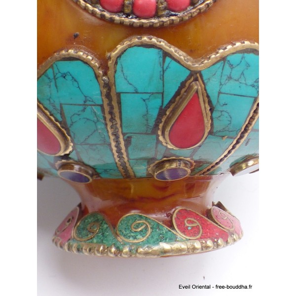 Grosse Boîte à bijoux tibétaine en Ambre signes auspicieux Artisanat tibétain bouddhiste BAT7-a
