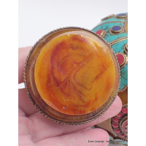 Grosse Boîte à bijoux tibétaine en Ambre signes auspicieux Artisanat tibétain bouddhiste BAT7-a