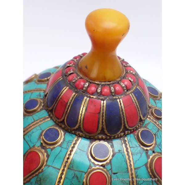 Grosse Boîte à bijoux tibétaine en Ambre signes auspicieux Artisanat tibétain bouddhiste BAT7-a