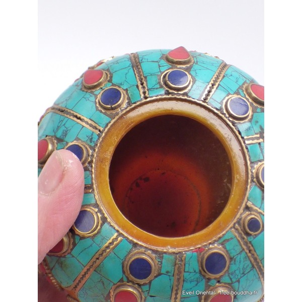 Grosse Boîte à bijoux tibétaine en Ambre signes auspicieux Artisanat tibétain bouddhiste BAT7-a
