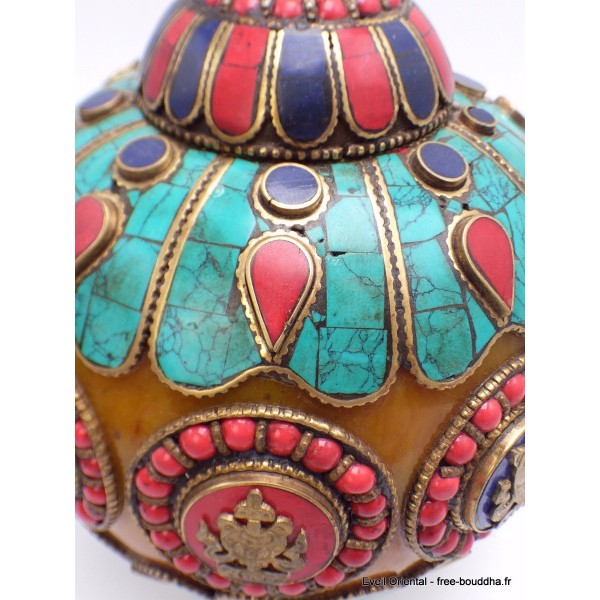 Grosse Boîte à bijoux tibétaine en Ambre signes auspicieux Artisanat tibétain bouddhiste BAT7-a