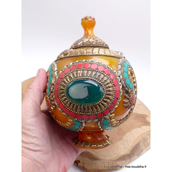 Grosse Boîte à bijoux tibétaine en Ambre Onyx Artisanat tibétain bouddhiste BAT8