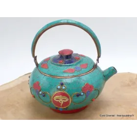 Théière bouddhiste cuivre turquoise Yeux de Bouddha - Artisanat tibétain bouddhiste