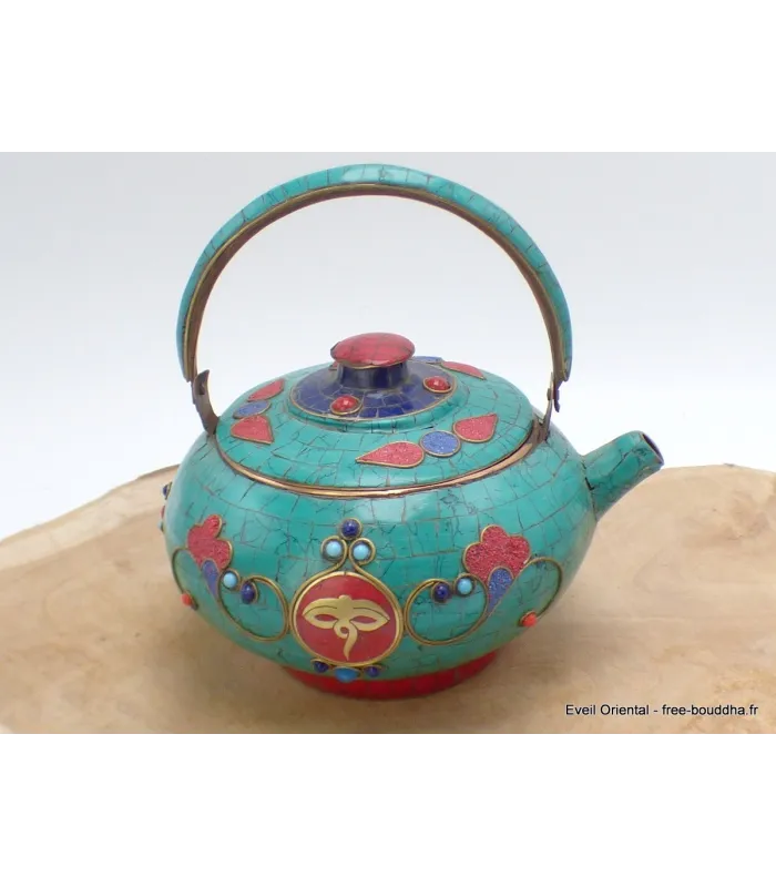 Théière bouddhiste cuivre turquoise Yeux de Bouddha - Artisanat tibétain bouddhiste