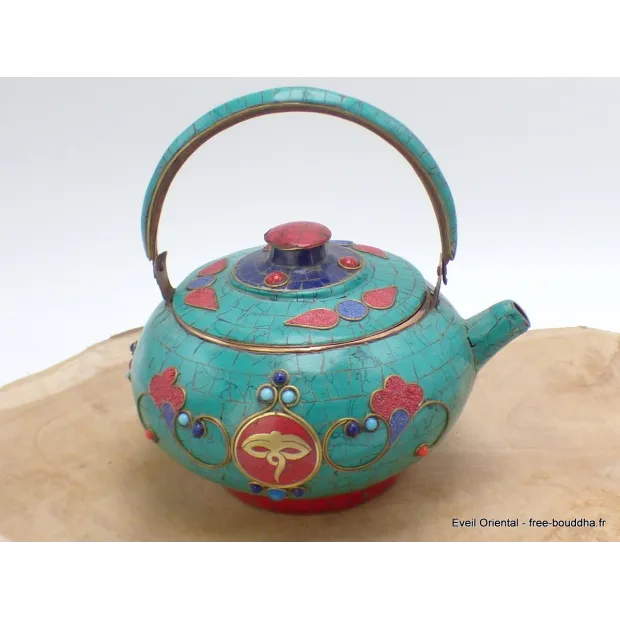Théière bouddhiste cuivre turquoise Yeux de Bouddha - Artisanat tibétain bouddhiste