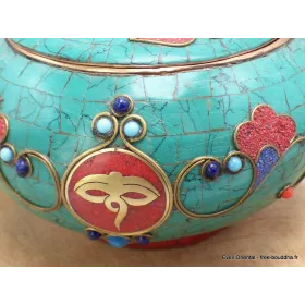 Théière bouddhiste cuivre turquoise Yeux de Bouddha - Artisanat tibétain bouddhiste