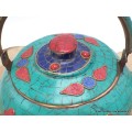 Théière bouddhiste cuivre turquoise Yeux de Bouddha Artisanat tibétain bouddhiste TH2