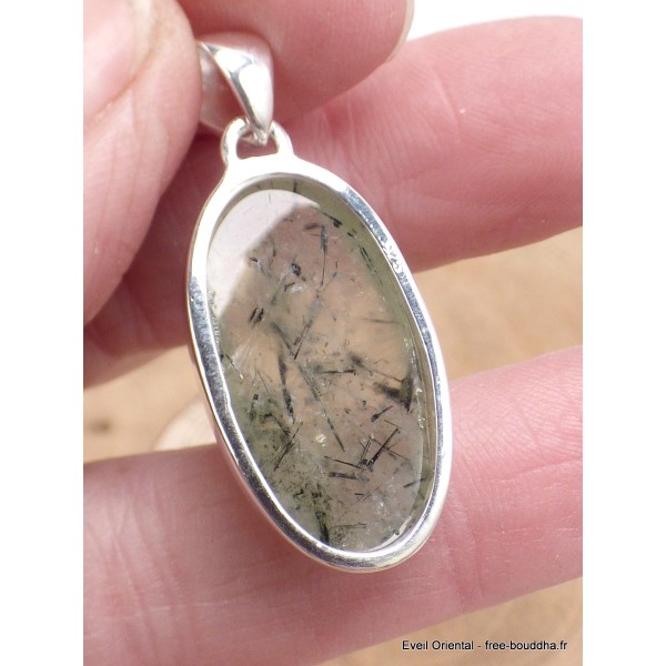 Pendentif Quartz Rutile noir sur Préhnite oval Bijoux en Préhnite LAM49.1