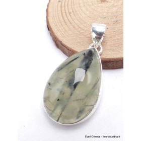 Pendentif Quartz Rutile noir sur Préhnite forme goutte Bijoux en Préhnite LAM49.2