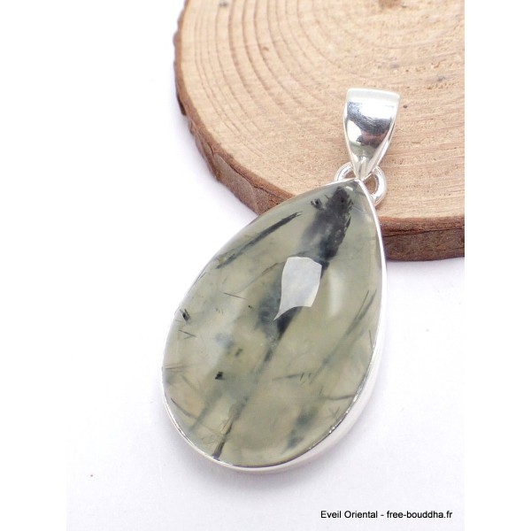 Pendentif Quartz Rutile noir sur Préhnite forme goutte Bijoux en Préhnite LAM49.2