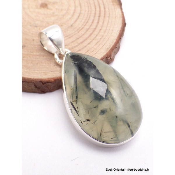 Pendentif Quartz Rutile noir sur Préhnite forme goutte Bijoux en Préhnite LAM49.2