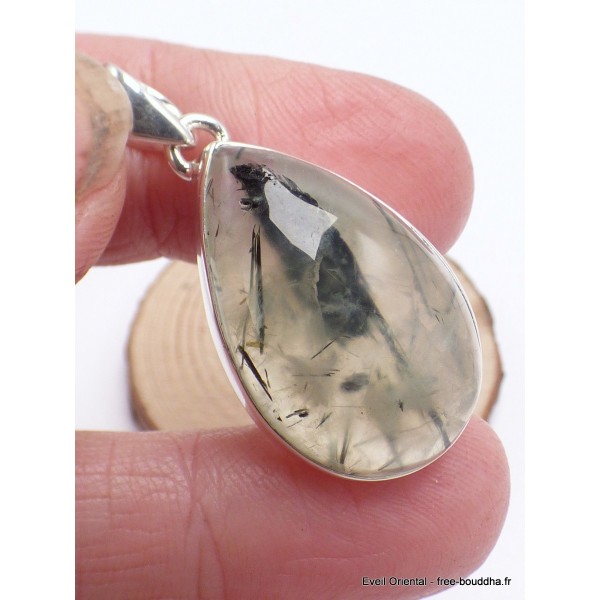 Pendentif Quartz Rutile noir sur Préhnite forme goutte Bijoux en Préhnite LAM49.2