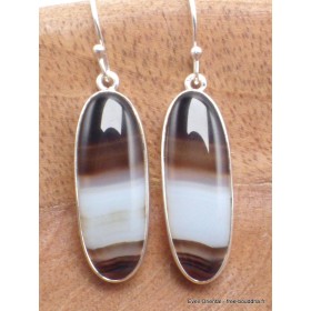 Boucles d'oreilles Agate noire à bandes ovales cabochon Bijoux en Agate YM51