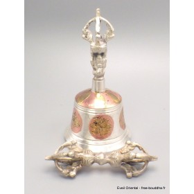 Cloche tibétaine plaqué argent signes auspicieux 12 cm Objets rituels bouddhistes CDB2.1