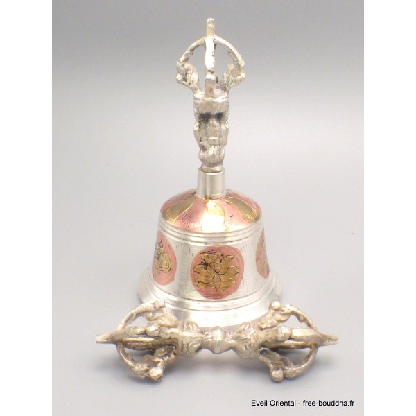 Cloche tibétaine plaqué argent signes auspicieux 12 cm Cloches et dorjé tibétains CDB2.1