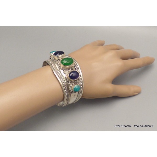 Gros Bracelet tibetain 5 pierres Onyx noir cornaline Bracelets tibétains bouddhistes ref7589.3