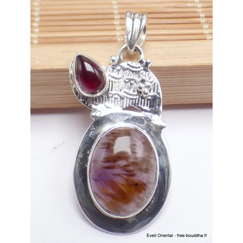 Pendentif Cacochynite Super seven grenat cabochon - Pendentifs pierres naturelles