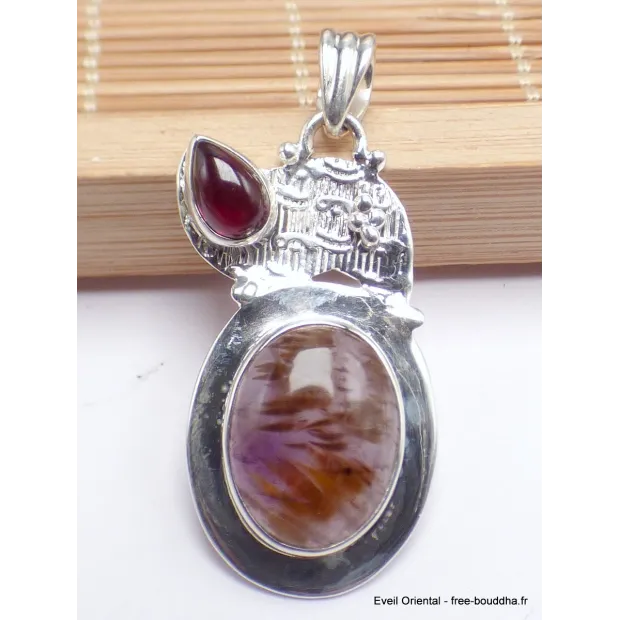Pendentif Cacochynite Super seven grenat cabochon - Pendentifs pierres naturelles