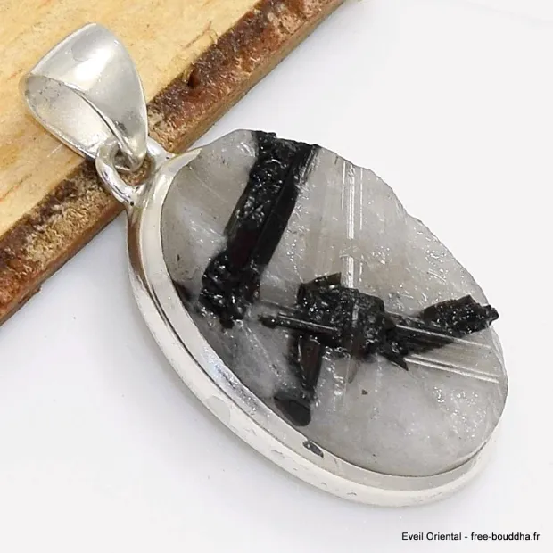Pendentif Tourmaline noire sur Quartz blanc ovale - Pendentifs pierres naturelles