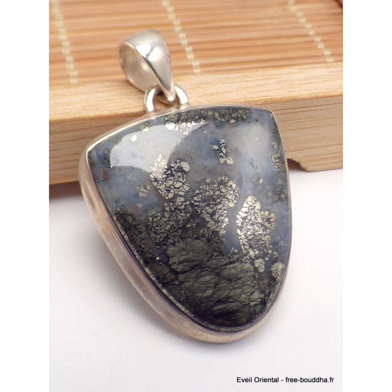 Pendentif Pyrite sur Agate bleue semi-oval Bijoux en Pyrite sur Agate PAC61.6