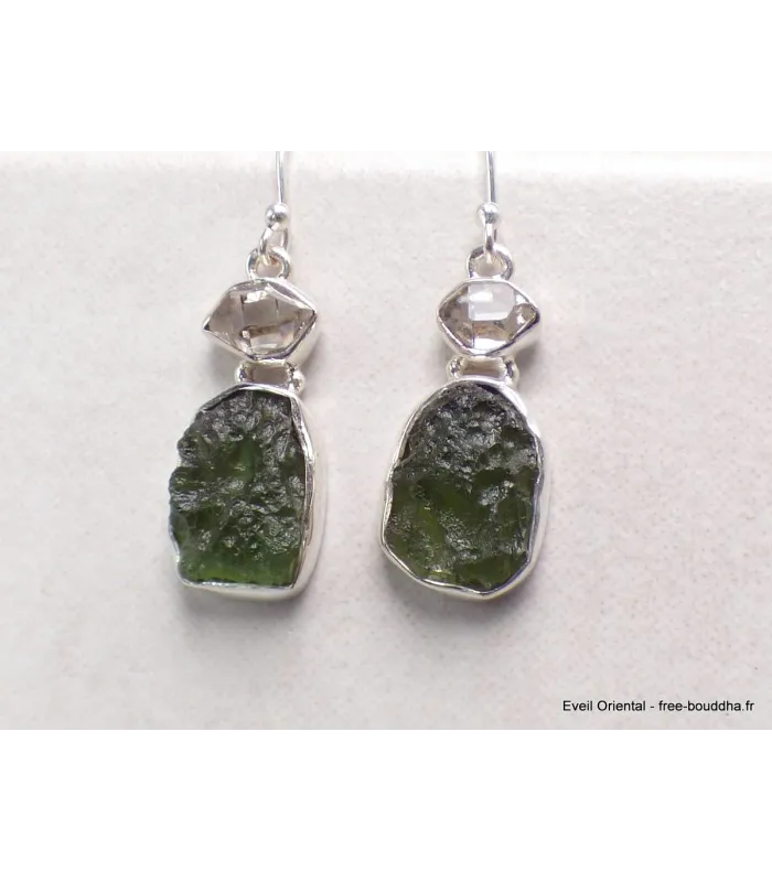 Boucles d'oreilles Moldavite et Diamant d'Herkimer - Bijoux en Moldavite