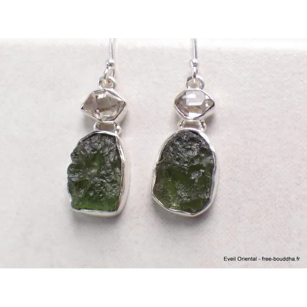 Boucles d'oreilles Moldavite et Diamant d'Herkimer - Bijoux en Moldavite