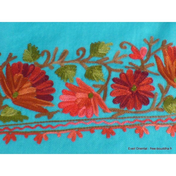 Châle turquoise en laine fine brodée Pashminas laine et broderies NCT18