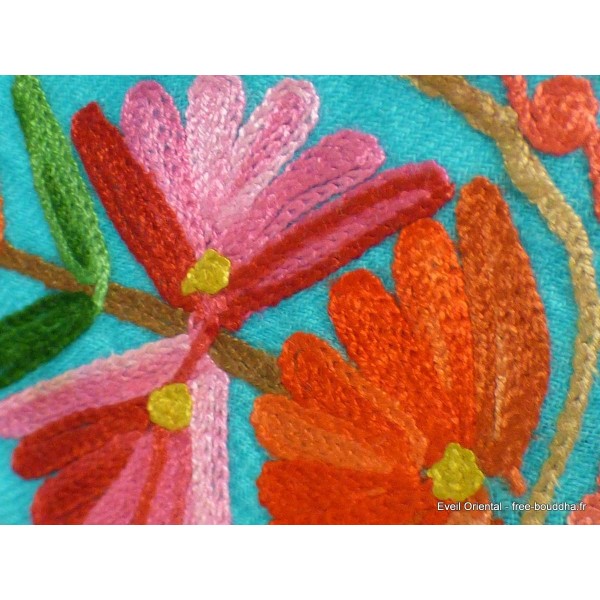 Châle turquoise en laine fine brodée Pashminas laine et broderies NCT18
