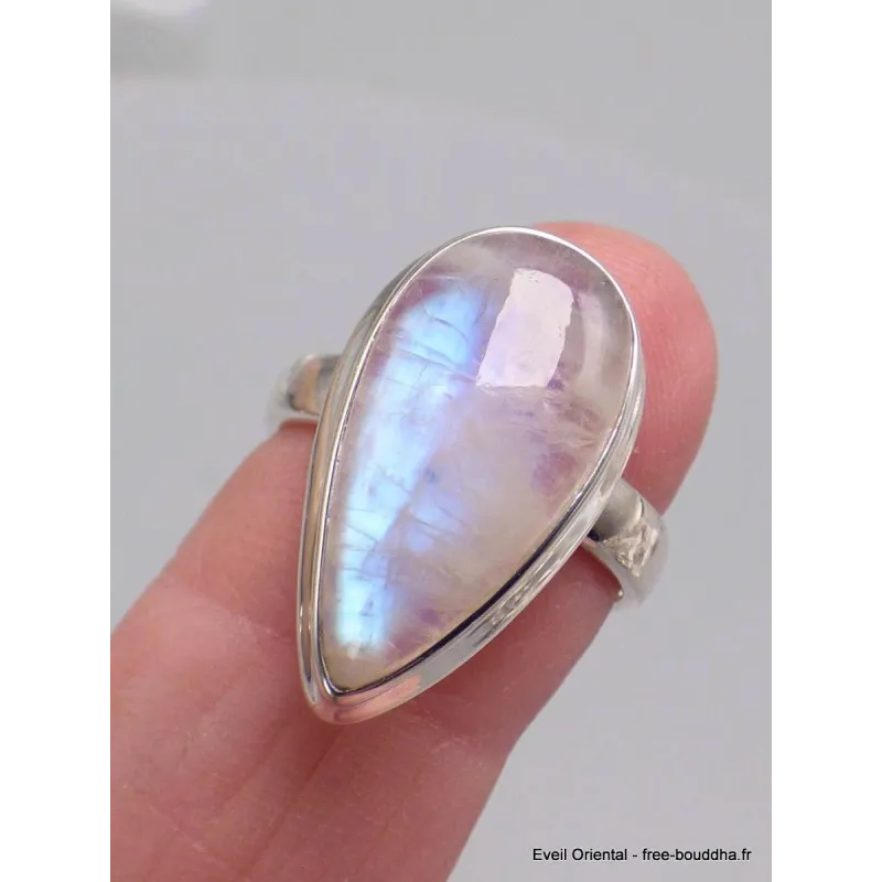 Authentique bague Pierre de lune bleue grade A+++ taille 56 - Bijoux en Pierre de lune