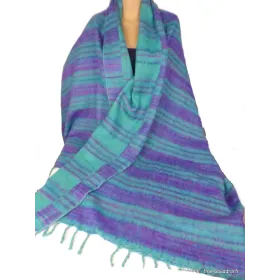 Grand châle laine de yak violet vert lagon 100 x 200 cm - Châles en laine faits main