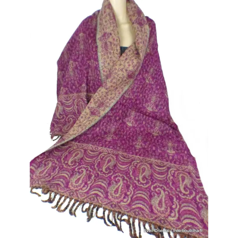 Grand châle Népalais fuschia foncé motifs cachemire 100 x 200 cm - Châles en laine faits main