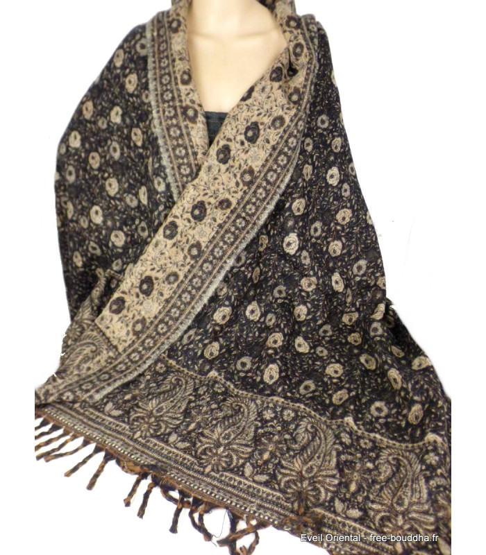 Châle népalais noir motifs cachemire 100 x 200 cm Grand Châle népalais 100 x 200 cm GSS3