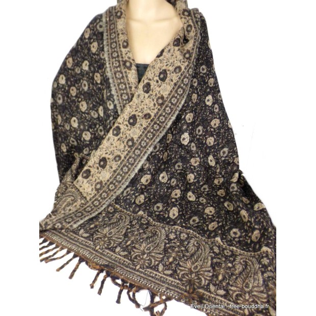 Châle népalais noir motifs cachemire 100 x 200 cm Grand Châle népalais 100 x 200 cm GSS3