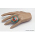 Grosse bague Tibétaine Turquoise Corail ronde Bagues tibétaines bouddhistes GBT8