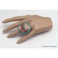 Grosse bague Tibétaine Turquoise Corail ronde Bagues tibétaines bouddhistes GBT8