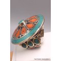 Grosse bague Tibétaine Turquoise Corail ronde Bagues tibétaines bouddhistes GBT8