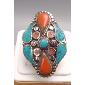 Grosse bague Tibétaine avec pierres fantaisie - Bagues tibétaines bouddhistes