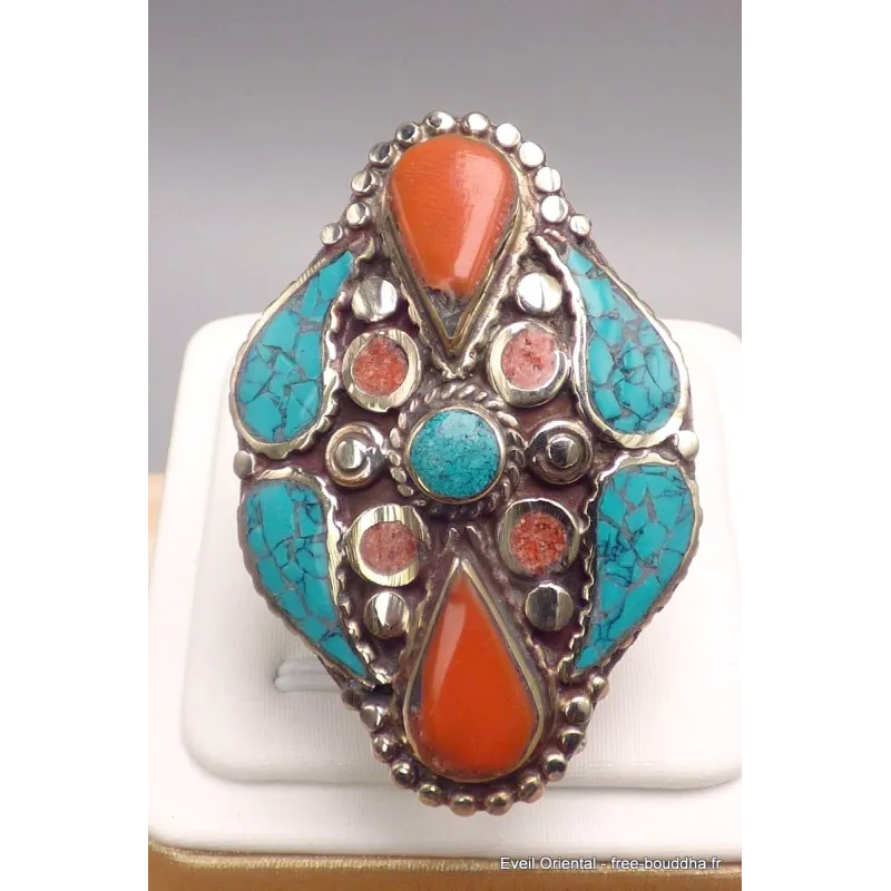 Grosse bague Tibétaine avec pierres fantaisie - Bagues tibétaines bouddhistes
