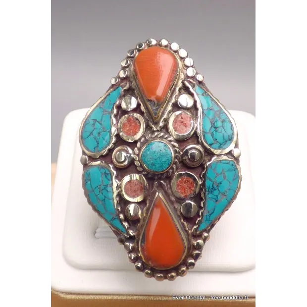 Grosse bague Tibétaine avec pierres fantaisie - Bagues tibétaines bouddhistes
